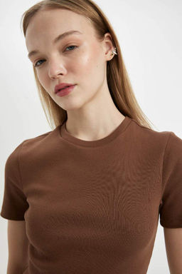 Мини-платье Bodycon с круглым вырезом в рубчик и короткими рукавами - Defacto фото 5