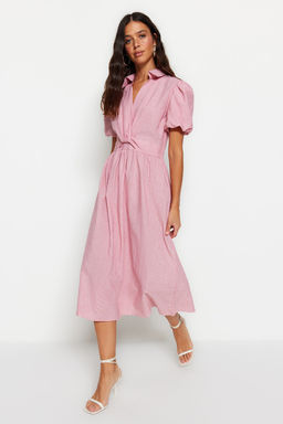 Pembe Cizgili Kruvaze Yaka Midi Dokuma Elbise TWOSS23EL02233