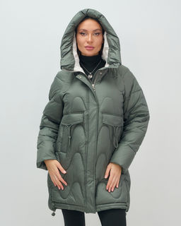 Куртка зимняя женская с капюшоном модная цвета хаки 7653Kh