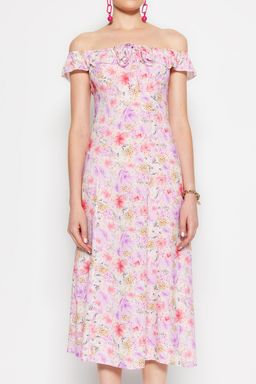 TRENDYOLMILLA Mor Cicek Desenli A Kesim Carmen Yaka Form Midi Dokuma Elbise TWOSS23EL01243