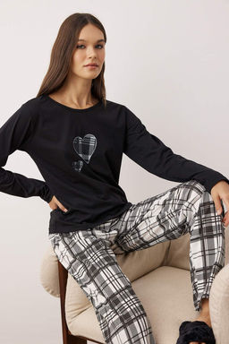 Trendyolmilla Siyah Pamuklu Kalpli Ekoseli Orme Pijama Tak?m? THMAW25PT00220 фото 5