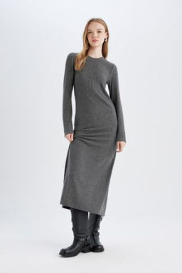 Bodycon Vucudu Saran Bisiklet Yaka Basic Duz Kaskorse Uzun Kollu Maxi Elbise
