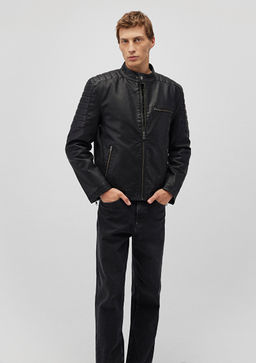 Siyah Suni Deri Ceket - Mavi фото 2