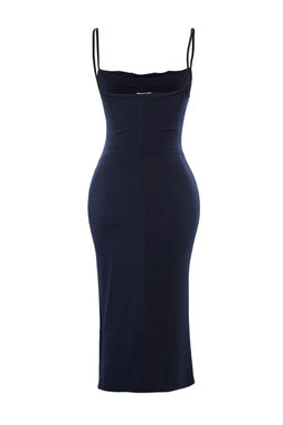 TRENDYOLMILLA Siyah Vucuda Oturan Degaje Yaka Midi Ask?l? Esnek Orme Midi Kalem Elbise TWOSS19AD0020  фото 8