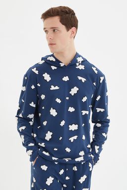 TRENDYOL MAN Lacivert Regular Fit Bask?l? Ust Kapusonlu %100 Pamuk Pijama Tak?m? TMNAW22PT1067 - Trendyolmilla фото 2