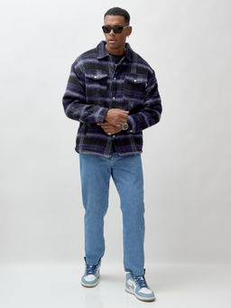 Куртка рубашка шерстяная в клетку мужская демисезонная темно-фиолетового цвета 58569TF