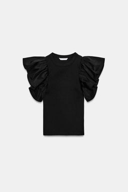 CAMISETA COMBINADA RIB VOLANTES / Negro