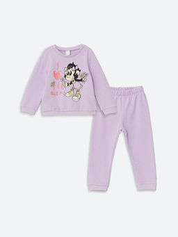 Bisiklet Yaka Bask?l? K?z Bebek Sweatshirt ve E?ofman Alt 2li Tak?m