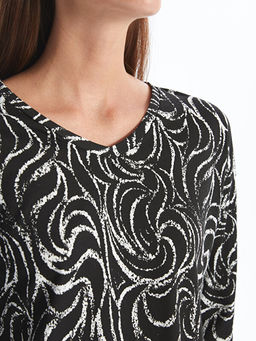 V Yaka Desenli Uzun Kollu Kad?n Bluz