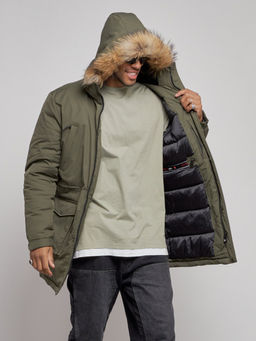 Парка мужская зимняя удлиненная с мехом цвета хаки 8318Kh