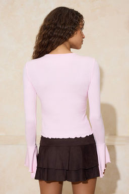 Ac?k Pembe Fitted/Vucuda Oturan Volanl?/F?rf?rl? Yumusak Orme Bluz TWOSS26BZ00152