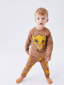 Bisiklet Yaka Uzun Kollu Aslan Kral Bask?l? Erkek Bebek Pijama Tak?m?