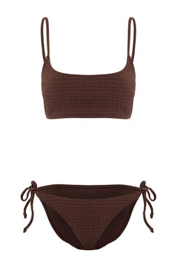 Kahverengi Dokulu Bralette Kapl? Baglama Detayl? Normal Bel Regular Bikini Tak?m? TBESS26BT00092
