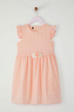 Somon Pamuklu F?rf?rl? Cicek Detayl? Mini K?sa Kol K?z Cocuk Dokuma Elbise TKDSS25EL00034
