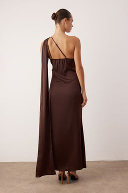 Kahverengi Dokuma Saten Midi Astars?z Elbise TPRAW26EL00135