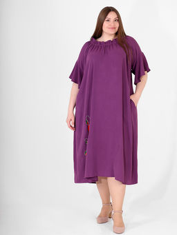 Платье расклешенное длинное летнее фиолетовое с маками