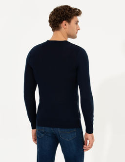 Темно-синий облегающий трикотажный свитер с круглым вырезом - Cacharel фото 5