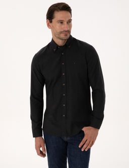 Siyah Slim Fit %100 Pamuk Yakas_ D__meli Flanel G_mlek