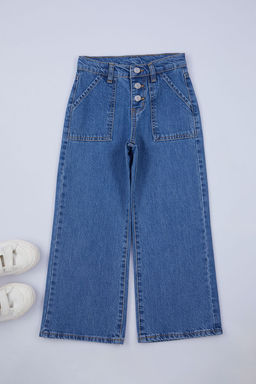 Orta Mavi-5001 K?z Cocuk Genis Paca Cepli Pamuklu Lastikli Jean Denim Pantolon TWOAW25PL00066 - Trendyolmilla фото 2