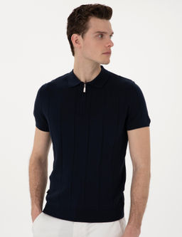 Lacivert Slim Fit Fermuarl_ Polo Yaka Triko Kazak