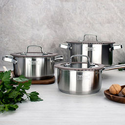 Набор посуды из нержавеющей стали Experience 3 штуки: кастрюля 2,1л - д18см, h9,3см, 3,9л - д22см, h11,5см, ковш 1,5л - д16см, h8,5см, s0,6мм, дно д16,6см, s4мм, стеклянная крышка с широким силиконовым ободом и сливом, пароотовод, капсулированное д - Домашняя мода фото 2