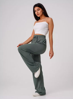 K11376 Брюки палаццо в рубчик ХАКИ