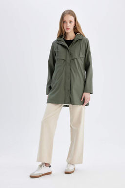 Водонепроницаемый дождевик из искусственной кожи с капюшоном и подкладкой из искусственного меха стандартной посадки - Defacto фото 2