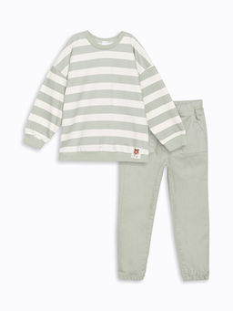 Bisiklet Yaka Uzun Kollu ?izgili Erkek Bebek Sweatshirt ve Pantolon 2li Tak?m