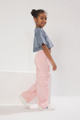 Pembe K?z Cocuk %100 Pamuk Cep Detayl? Wide Leg Lastikli Dokuma Pantolon TKDSS25PL00004 - Trendyolmilla фото 2