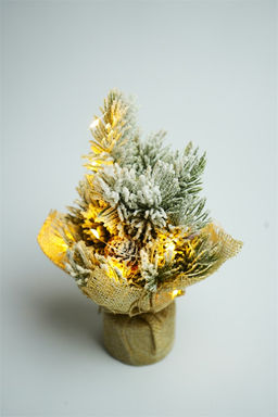 Елка 19см на подставке (1-2/1-3/1-4) с инеем, гирляндой и украшениями, бат. в комплекте