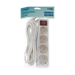 Удлинитель Luazon Lighting, 4 розетки, 3 м, 10 А, 2200 Вт, 3х0.75 мм2, с заземлением, с выключателем,