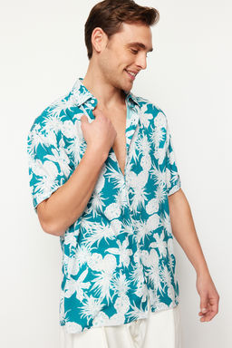 Mavi Unisex Oversize Fit Ananas Bask?l? %100 Viskon K?sa Kollu Salas Yazl?k Gomlek TMNSS24GO00041 - Trendyolmilla фото 3