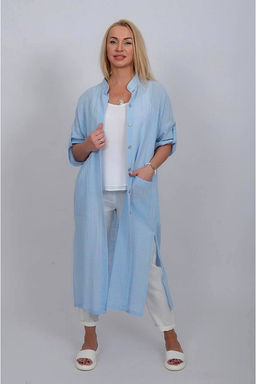 Рубашка-туника из льна стройнит фигуру, не требует глажки 091Л голубой - Новый лен фото 2