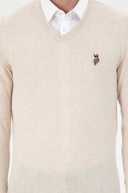 Erkek Slim Fit V Yaka Krem Melanj Basic Kazak