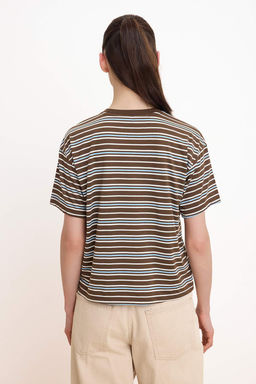 Kahverengi Cizgili Oversize/Genis Kal?p K?sa Kollu Uzun Tok %100 Pamuk Orme T-Shirt TWOSS26TS00055 - Trendyolmilla фото 4