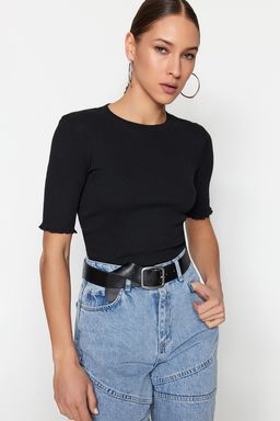 Siyah Fitted/Vucuda Oturan Fitilli Esnek Orme Bluz TWOSS23BZ00025