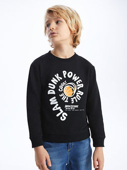 Bisiklet Yaka Bask?l? Uzun Kollu Erkek ?ocuk Sweatshirt