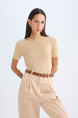 Приталенный свитер с круглым вырезом и короткими рукавами - Defacto фото 3