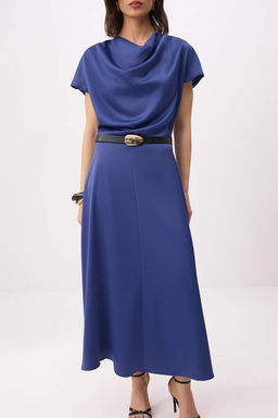 Petrol Saten Degaje Yaka Kemerli Midi Dokuma Elbise TWOSS26EL00351 - Trendyolmilla фото 3