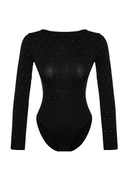 Siyah Parlak Tas Bask?l? Pamuklu Uzun Kol Esnek Alttan C?tc?tl? Orme Body TWOAW24BD00059