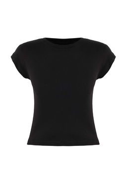 Siyah Fitted/Vucuda Oturan Ay Kol K?sa Kollu Pamuk Ribana Orme T-Shirt TWOSS26TS00020