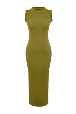 Yag Yesili F?rf?r Detayl? Fitilli Vucuda Oturan Midi Esnek Orme Kalem Elbise TWOSS22EL1569
