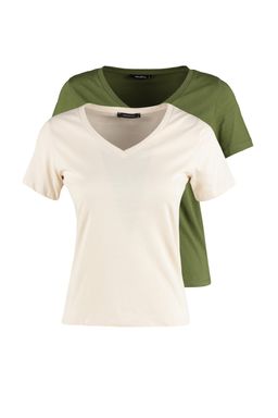 Haki-Bej %100 Pamuk 2li Paket Basic V Yaka Orme T-Shirt TWOSS23TS00002