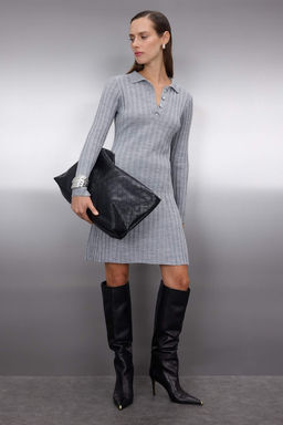 Gri Duz Mini Polo Yaka Fitili Yumusak Dokulu Triko Elbise TWOAW26EL00014