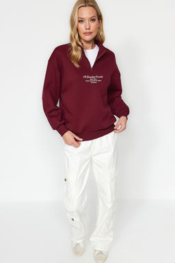 TRENDYOLMILLA Bordo Kal?n Ici Polarl? Fermuarl? Dik Yaka Oversize/Genis Kal?p Orme Sweatshirt TWOAW24SW00127