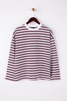 Cok Renkli Cizgili Oversize/Genis Kesim Bisiklet Yaka Ince Orme Sweatshirt TWOAW23SW00326