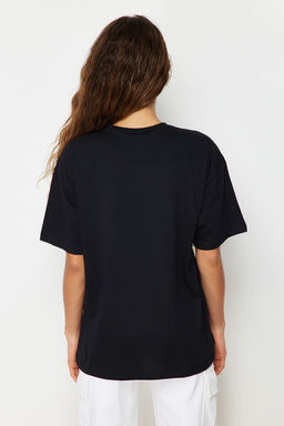 Siyah %100 Pamuk Bisiklet Yaka Oversize/Genis Kal?p Orme T-Shirt TWOSS20TS0134