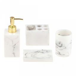 Набор для ванной "Камея" 4 предмета: дозатор для мыла 300мл; мыльница 12,4х8,5х1,8см; стакан для зубных щеток и зубной пасты; стакан 270мл; фурнитура пластик "под золото", акрил, бело-серый, в коробке (Китай)