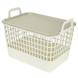 Домашняя мода Корзина пластмассовая для хранения Матрица 33х23см h25,5см, матовый пластик, с крышкой, с ручками, слоновая кость (Китай)
