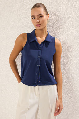 Lacivert C?tc?tl? Polo Yaka S?f?r Kol Regular Orme Bluz TWOSS25BZ00076 - Trendyolmilla фото 2